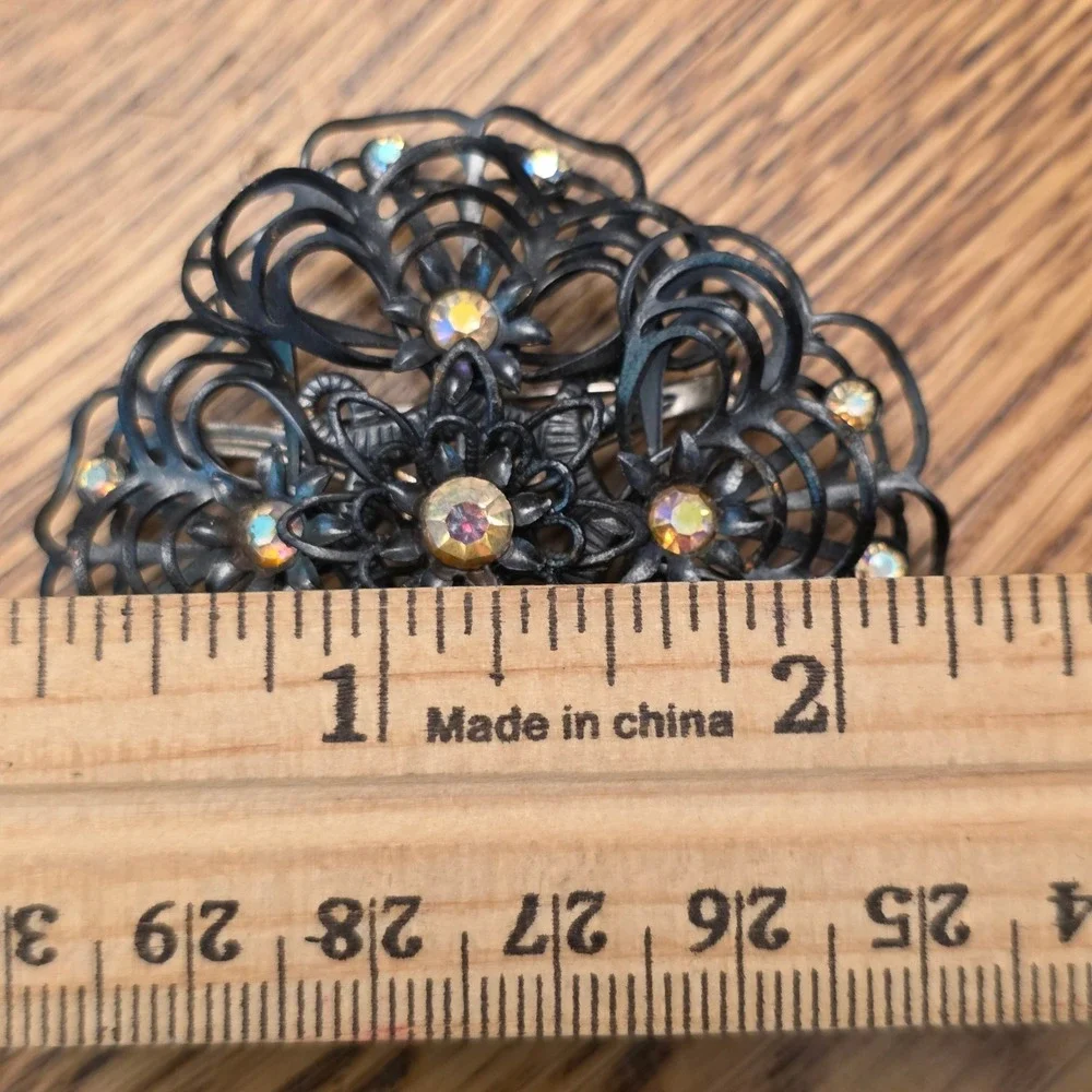 Vintage Style Black Filigree Brooch Aurora Borealis Rhinestone Floral Pin 2.25in
